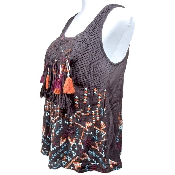 Anthropologie Akemi & Kim Brown Bohemian Raspberry/Orange/Sky Blue Pattern Tank - Picture 2 of 10
